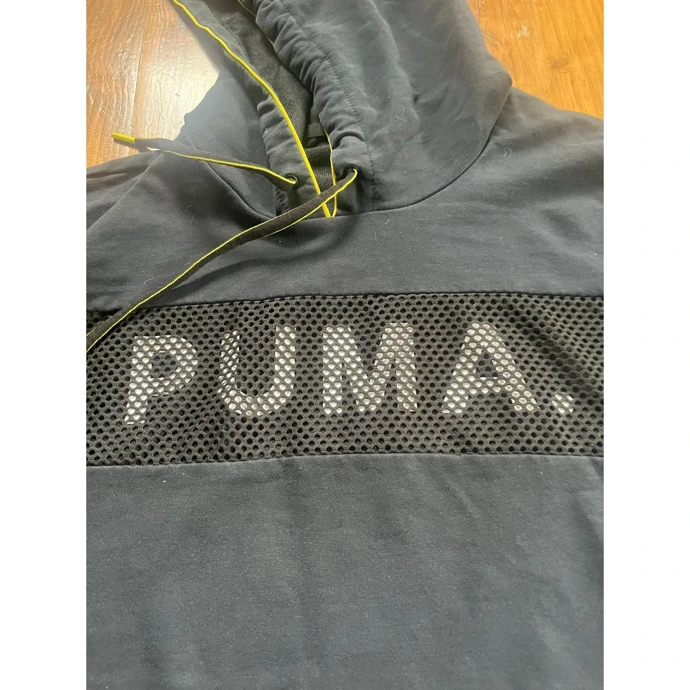 Puma‎ Womens XL Black Mesh Logo Hoodie Neon Yellow Accents Activewear Pullover